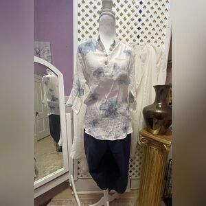 Elegant Boutique Muslin White Blouse w/ Blue Floral Design & Navy Capris